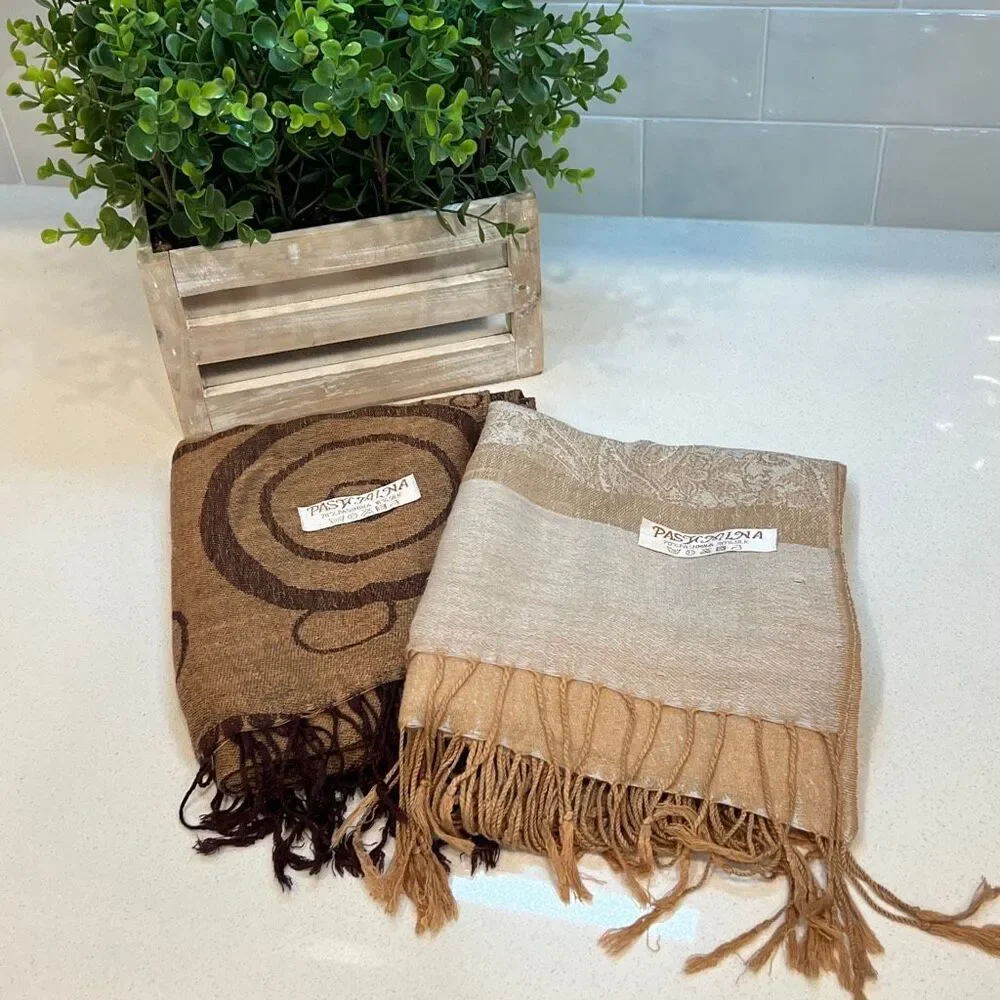 Lot of 2 Pashmina Wrap Fringe Silk Scarf Shawl Brown Tan 68
